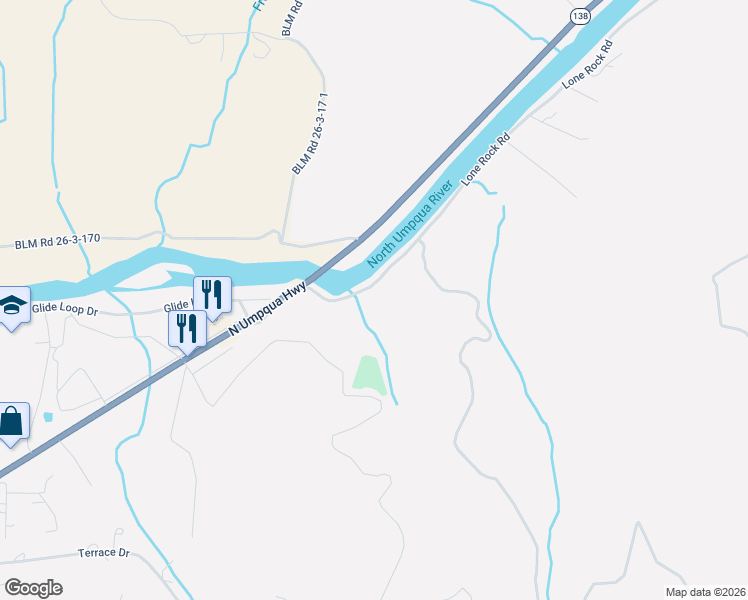 map of restaurants, bars, coffee shops, grocery stores, and more near 297 Lone Rock Road in Glide