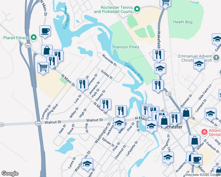 map of restaurants, bars, coffee shops, grocery stores, and more near 21 Dewey Street in Rochester