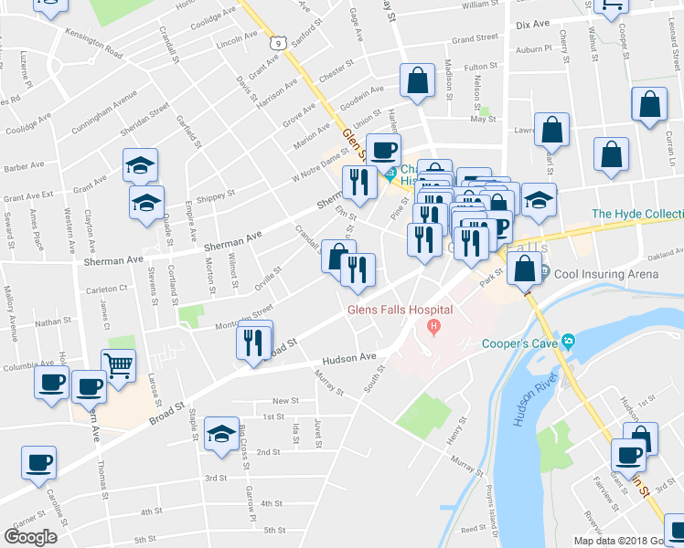 map of restaurants, bars, coffee shops, grocery stores, and more near 4 North Delaware Street in Glens Falls