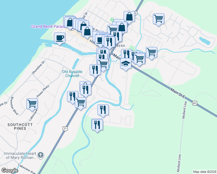 map of restaurants, bars, coffee shops, grocery stores, and more near 57 Green Acres Crescent in Lambton Shores
