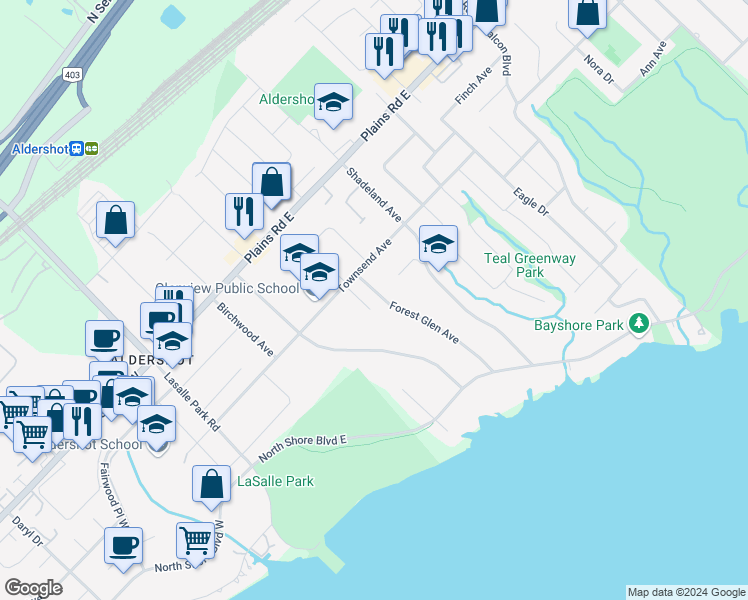 map of restaurants, bars, coffee shops, grocery stores, and more near 890 Forest Glen Avenue in Burlington