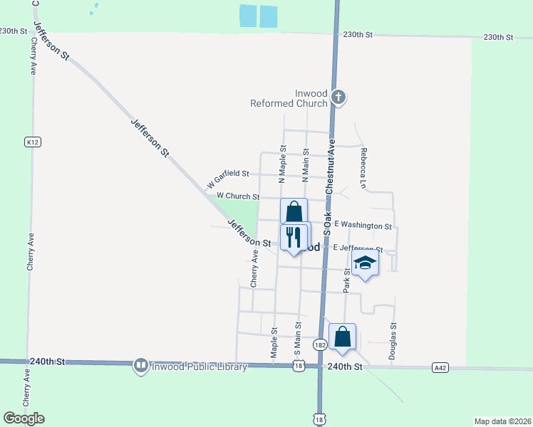 map of restaurants, bars, coffee shops, grocery stores, and more near 201-299 South Maple Street in Inwood