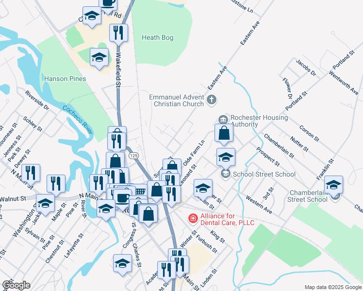 map of restaurants, bars, coffee shops, grocery stores, and more near 51 Summer Street in Rochester