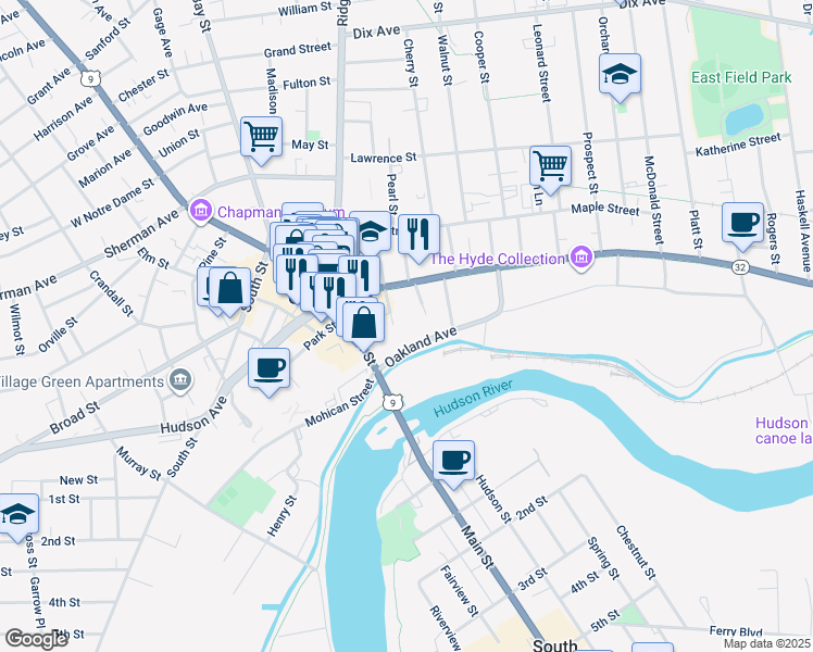 map of restaurants, bars, coffee shops, grocery stores, and more near 1 Civic Center Plaza in Glens Falls