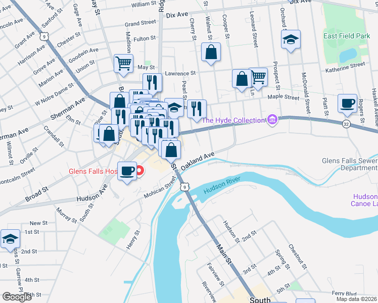 map of restaurants, bars, coffee shops, grocery stores, and more near 1 Civic Center Plaza in Glens Falls
