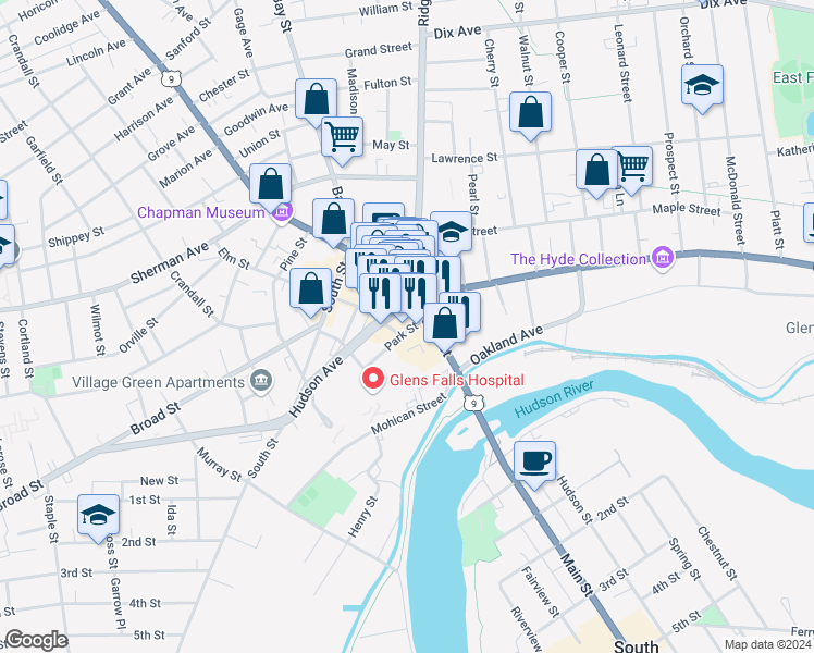 map of restaurants, bars, coffee shops, grocery stores, and more near 30 Park Road in Queensbury