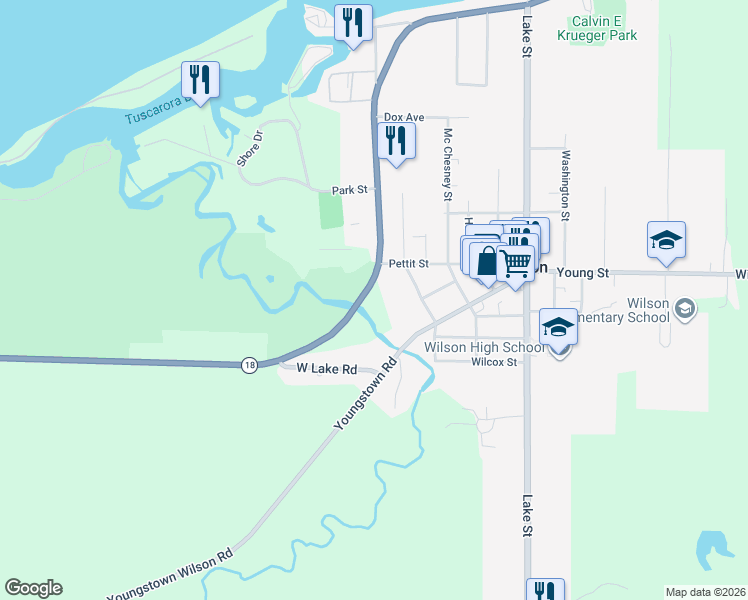 map of restaurants, bars, coffee shops, grocery stores, and more near 3568 West Lake Road in Wilson