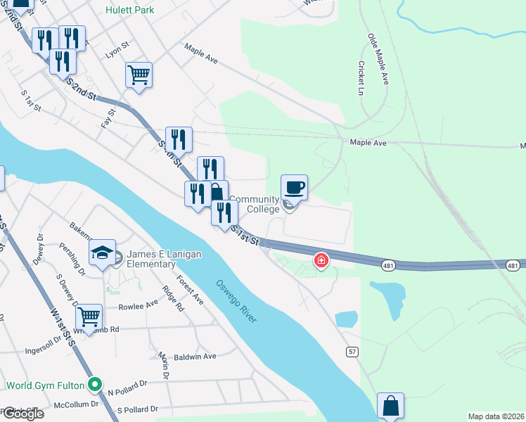 map of restaurants, bars, coffee shops, grocery stores, and more near 13 Pierce Drive in Fulton