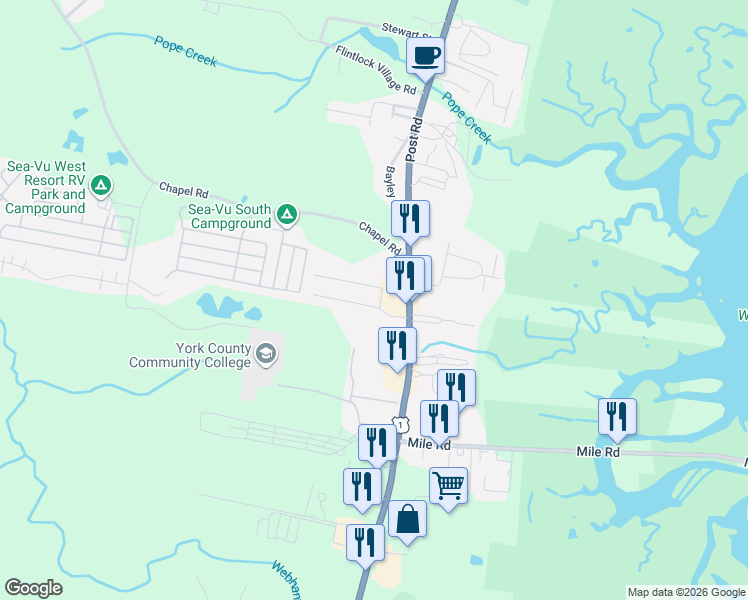 map of restaurants, bars, coffee shops, grocery stores, and more near 1162 Post Road in Wells