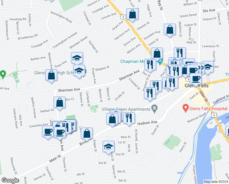 map of restaurants, bars, coffee shops, grocery stores, and more near 7 Darwin Avenue in Glens Falls
