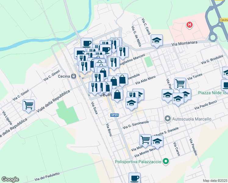 map of restaurants, bars, coffee shops, grocery stores, and more near 9 Via Giovanni Amendola in Cecina