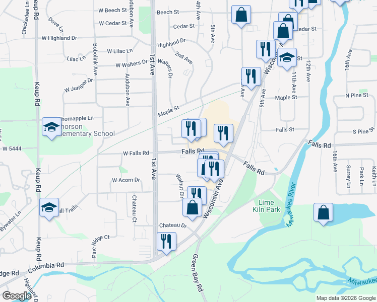 map of restaurants, bars, coffee shops, grocery stores, and more near 394 Falls Road in Grafton