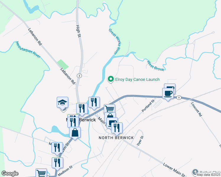 map of restaurants, bars, coffee shops, grocery stores, and more near 28 Prospect Street in North Berwick