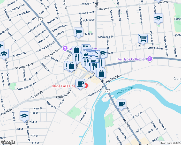 map of restaurants, bars, coffee shops, grocery stores, and more near in Glens Falls