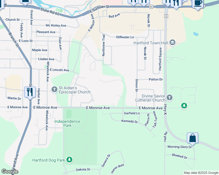 map of restaurants, bars, coffee shops, grocery stores, and more near 6543 Hawthorn Lane in Hartford
