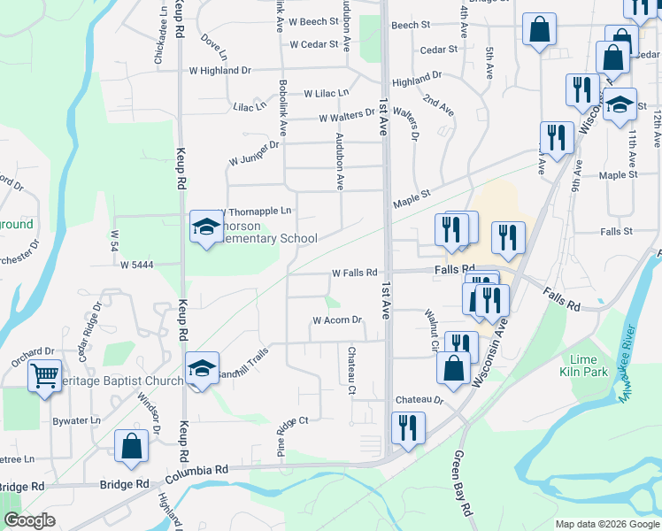 map of restaurants, bars, coffee shops, grocery stores, and more near 211 West Aspen Street in Grafton