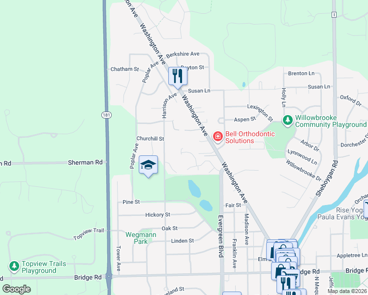 map of restaurants, bars, coffee shops, grocery stores, and more near W69N949 Washington Avenue in Cedarburg