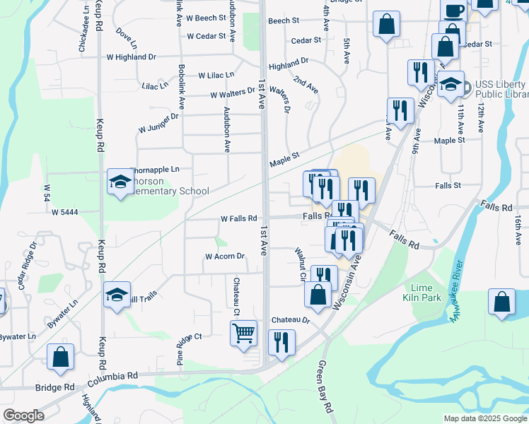 map of restaurants, bars, coffee shops, grocery stores, and more near 1837 1st Avenue in Grafton