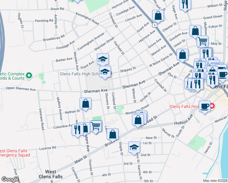map of restaurants, bars, coffee shops, grocery stores, and more near 1 Quade Street in Glens Falls