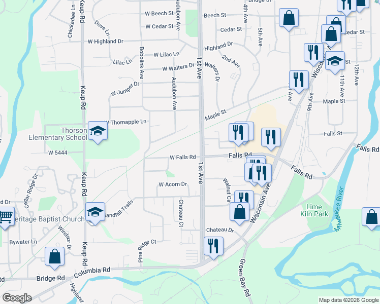 map of restaurants, bars, coffee shops, grocery stores, and more near 1815 1st Avenue in Grafton