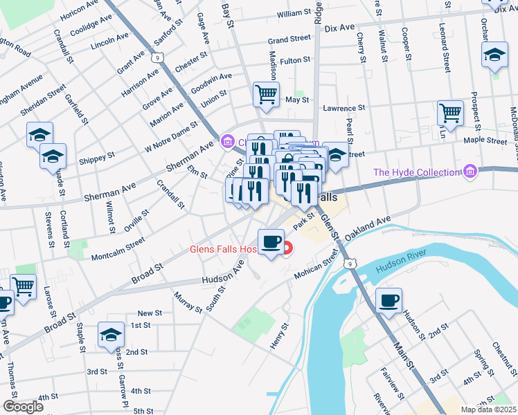 map of restaurants, bars, coffee shops, grocery stores, and more near 31 South Street in Glens Falls