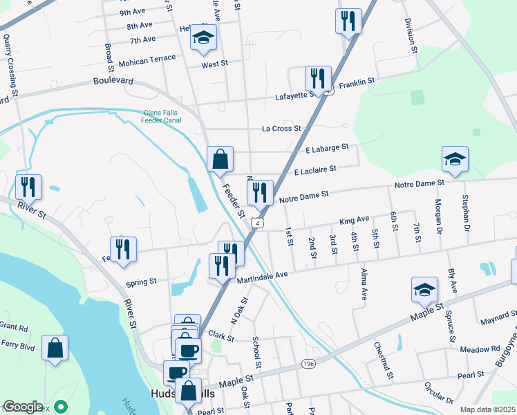 map of restaurants, bars, coffee shops, grocery stores, and more near 7 Notre Dame Street in Hudson Falls