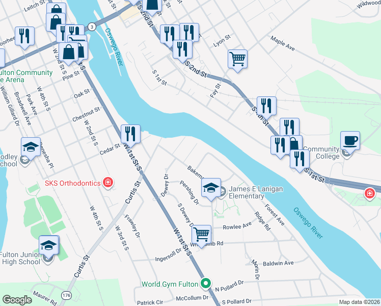 map of restaurants, bars, coffee shops, grocery stores, and more near Sheridan Street in Fulton