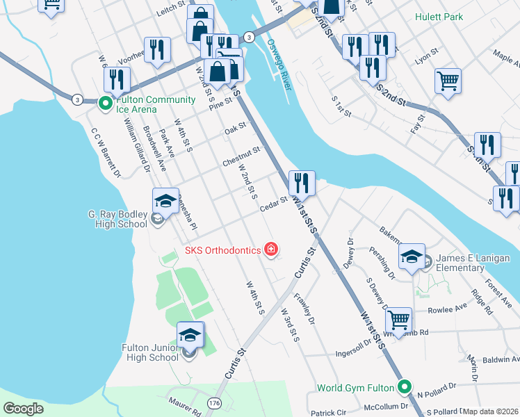 map of restaurants, bars, coffee shops, grocery stores, and more near 567 West 2nd Street in Fulton