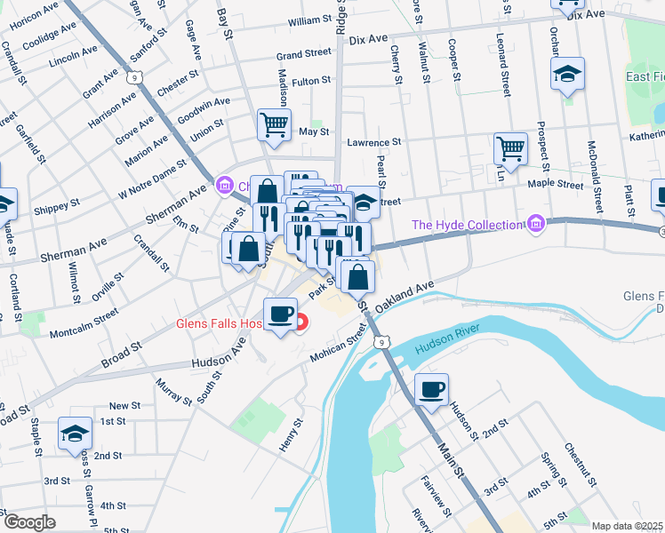 map of restaurants, bars, coffee shops, grocery stores, and more near in Glens Falls