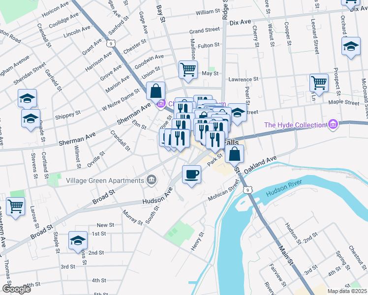 map of restaurants, bars, coffee shops, grocery stores, and more near 31 South Street in Glens Falls
