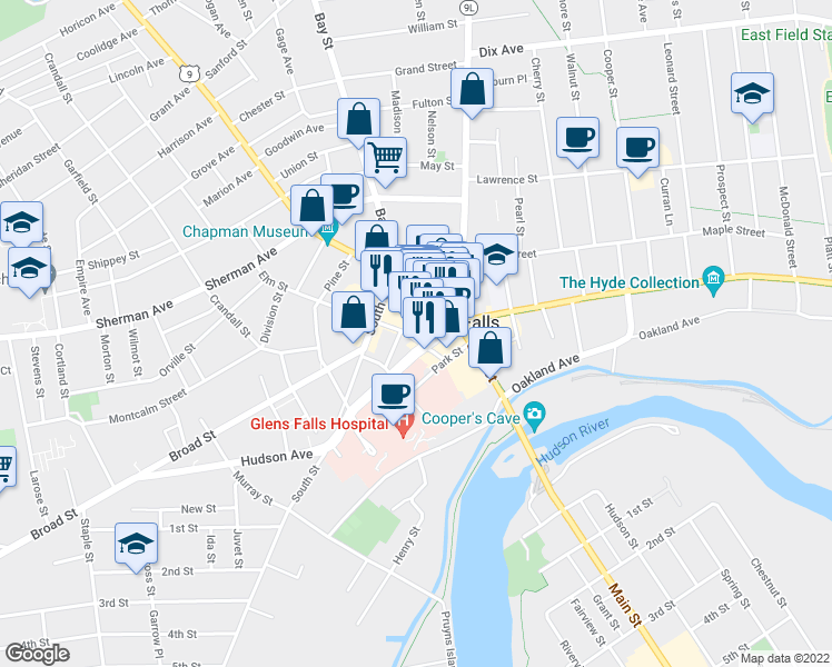 map of restaurants, bars, coffee shops, grocery stores, and more near 17 Elm Street in Glens Falls
