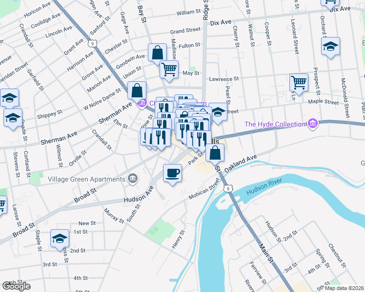 map of restaurants, bars, coffee shops, grocery stores, and more near 16 Exchange Street in Glens Falls