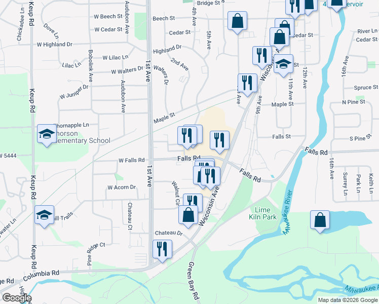 map of restaurants, bars, coffee shops, grocery stores, and more near 394 Falls Road in Grafton