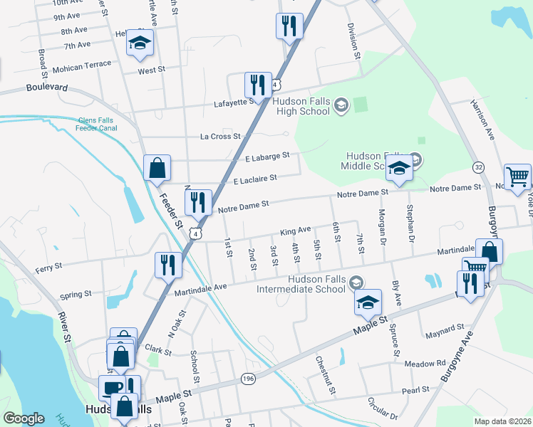 map of restaurants, bars, coffee shops, grocery stores, and more near 36 Notre Dame Street in Hudson Falls