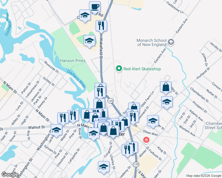 map of restaurants, bars, coffee shops, grocery stores, and more near 16 Pleasant Street in Rochester