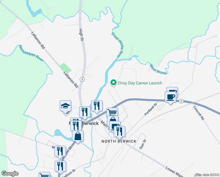 map of restaurants, bars, coffee shops, grocery stores, and more near 28 Prospect Street in North Berwick
