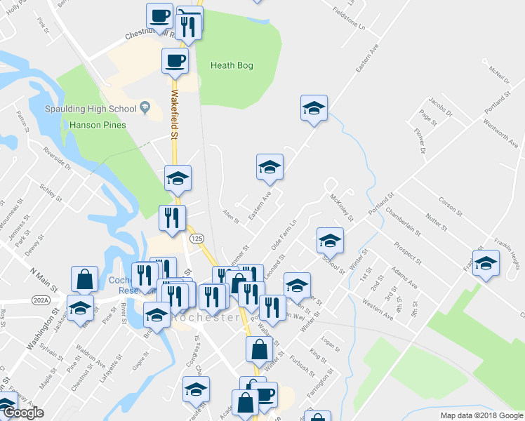 map of restaurants, bars, coffee shops, grocery stores, and more near 18 Eastern Avenue in Rochester