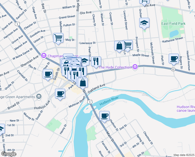 map of restaurants, bars, coffee shops, grocery stores, and more near 73 Warren Street in Glens Falls