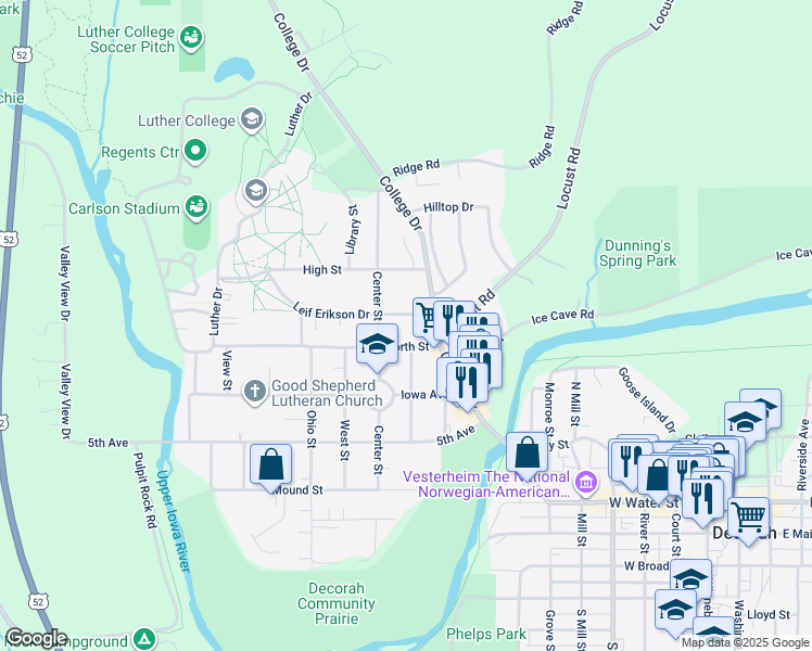 map of restaurants, bars, coffee shops, grocery stores, and more near 207 Leif Erikson Drive in Decorah