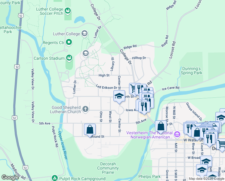 map of restaurants, bars, coffee shops, grocery stores, and more near 411 Leif Erikson Dr in Decorah