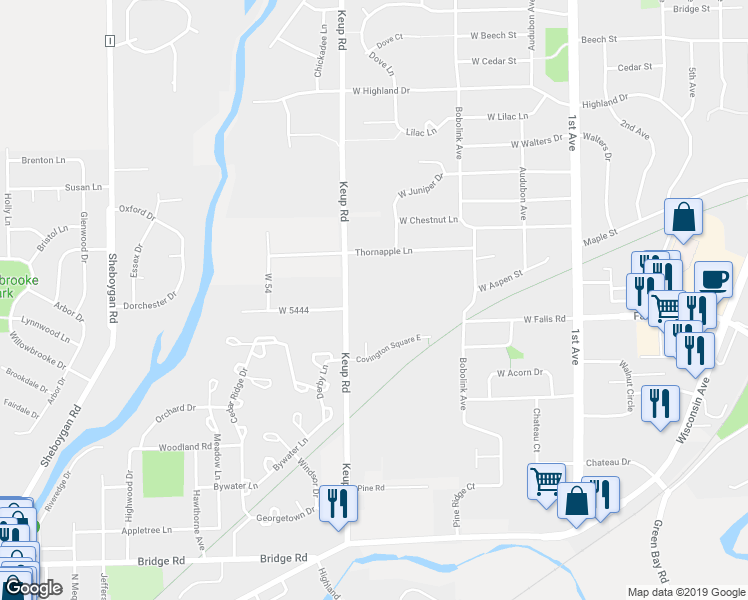 map of restaurants, bars, coffee shops, grocery stores, and more near w51n932 Keup Road in Cedarburg