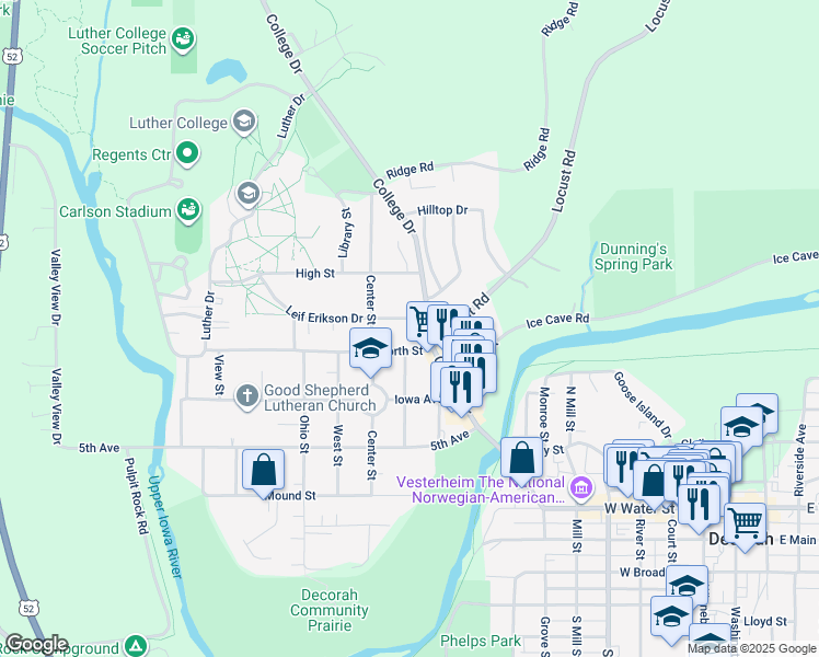map of restaurants, bars, coffee shops, grocery stores, and more near 207 Leif Erikson Drive in Decorah