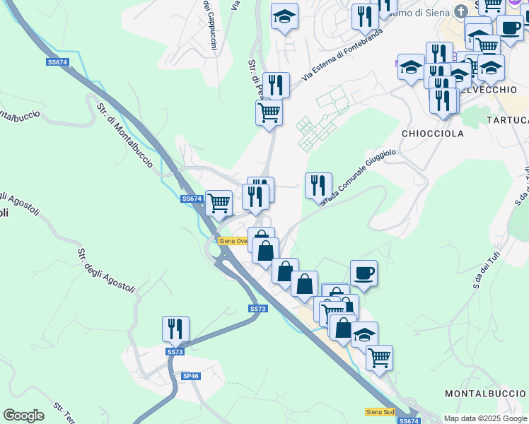 map of restaurants, bars, coffee shops, grocery stores, and more near 94 Via Massetana in Siena