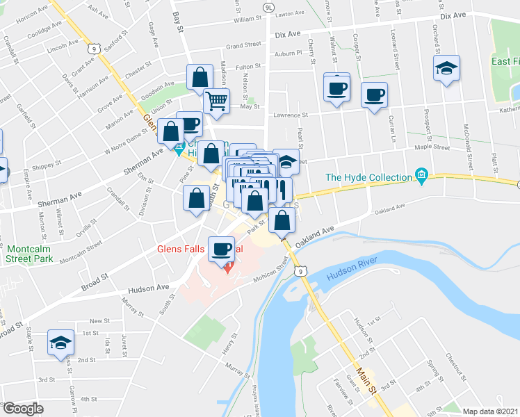 map of restaurants, bars, coffee shops, grocery stores, and more near in Glens Falls