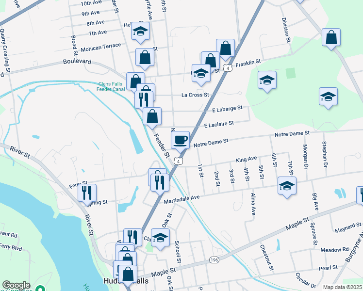map of restaurants, bars, coffee shops, grocery stores, and more near 7 Notre Dame Street in Hudson Falls