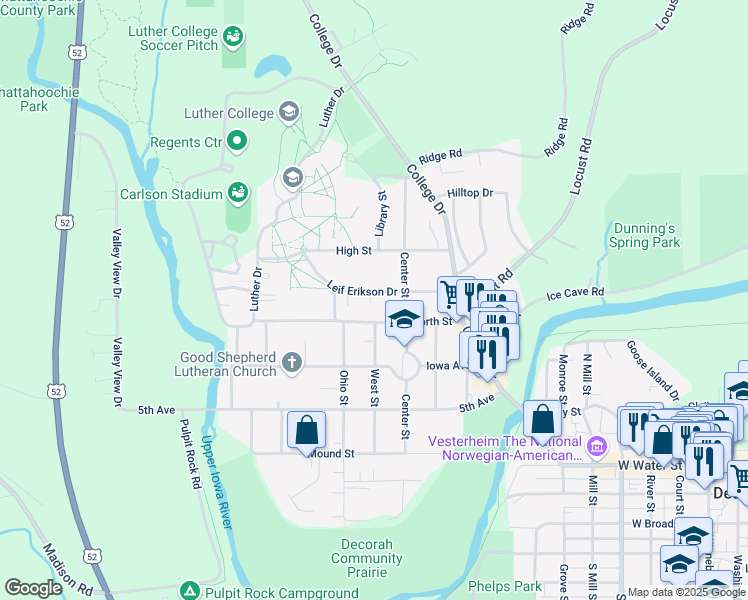 map of restaurants, bars, coffee shops, grocery stores, and more near 411 Leif Erikson Drive in Decorah