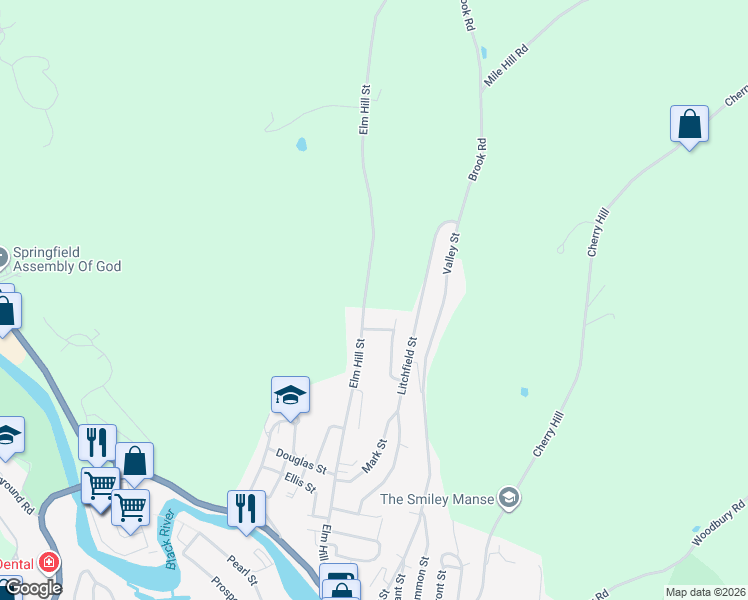 map of restaurants, bars, coffee shops, grocery stores, and more near 216 Elm Hill Street in Springfield