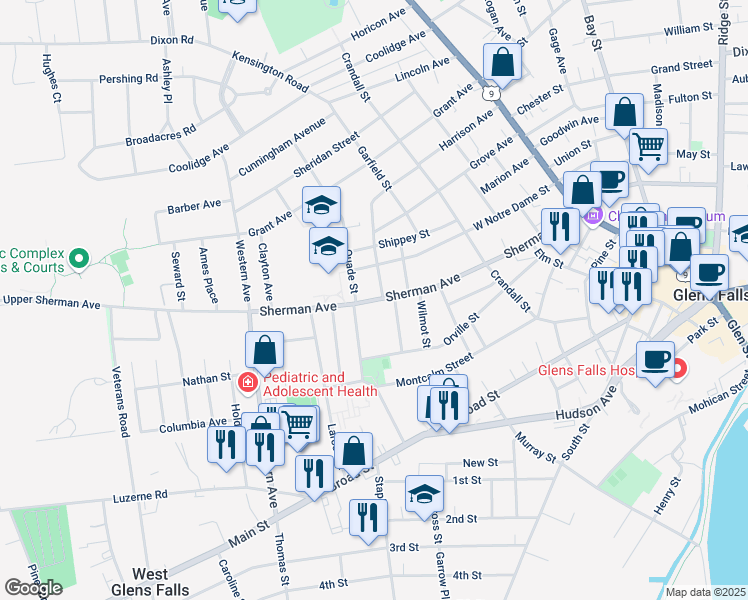 map of restaurants, bars, coffee shops, grocery stores, and more near 1 Quade Street in Glens Falls