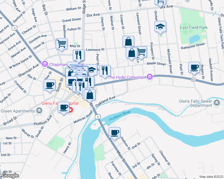 map of restaurants, bars, coffee shops, grocery stores, and more near 15 Fredella Avenue in Glens Falls