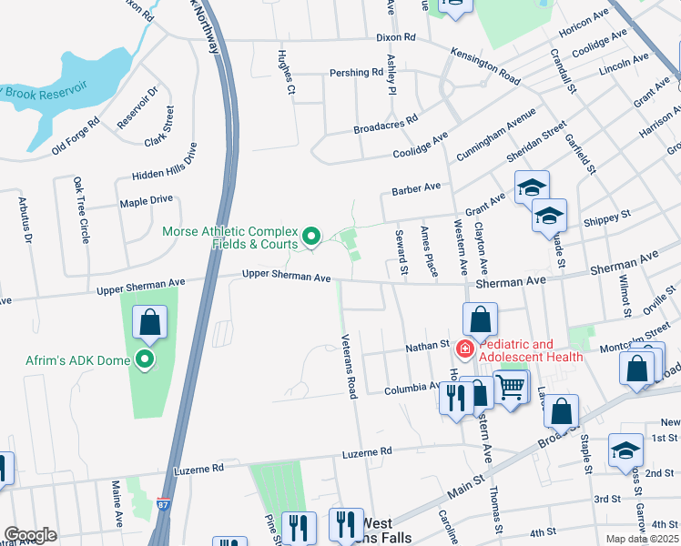 map of restaurants, bars, coffee shops, grocery stores, and more near 233 Upper Sherman Avenue in Queensbury